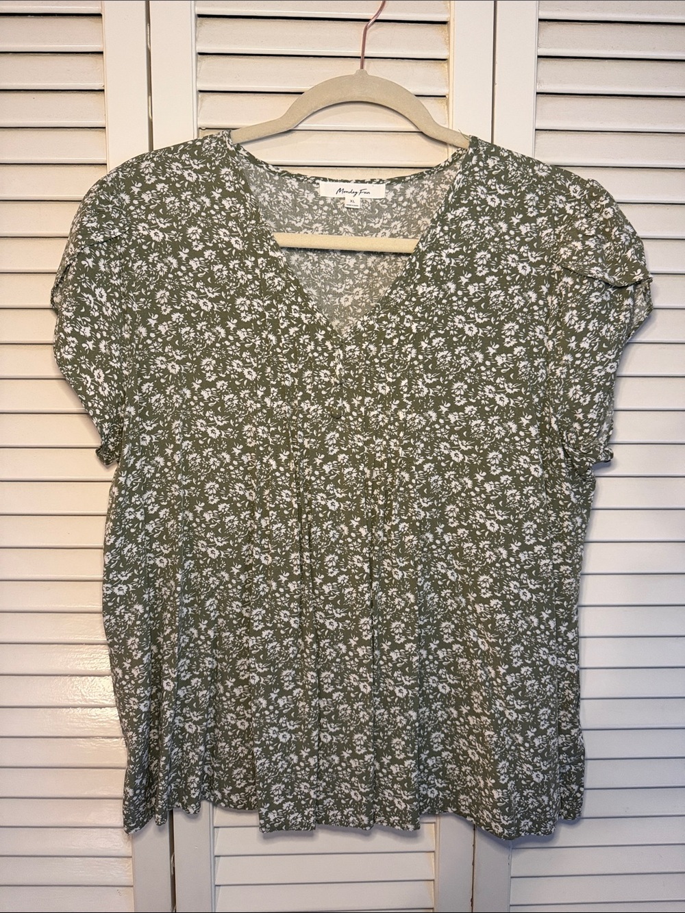 Monday Fun Olive Green Micro Floral V-Neck Blouse